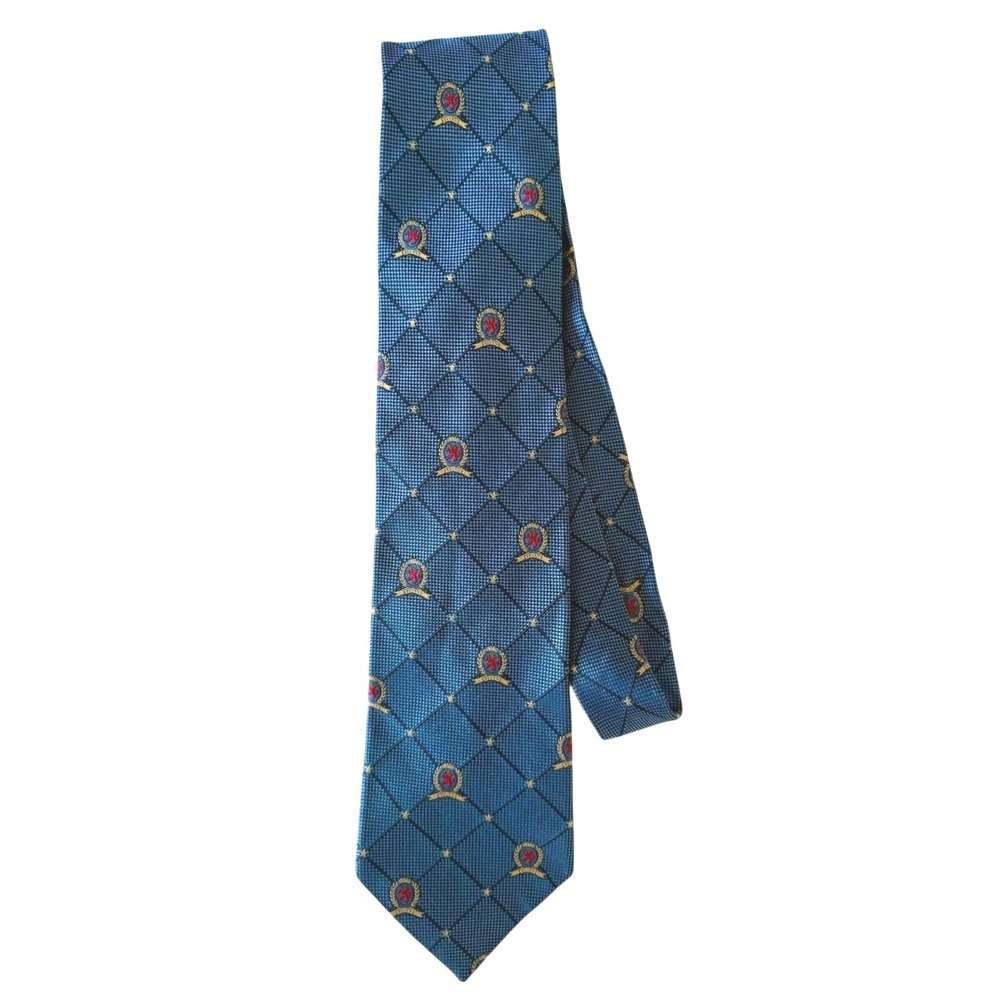 Tommy Hilfiger Silk Tie OS Blue Crest Diamond Lattice Pattern‎ Preppy Classic
